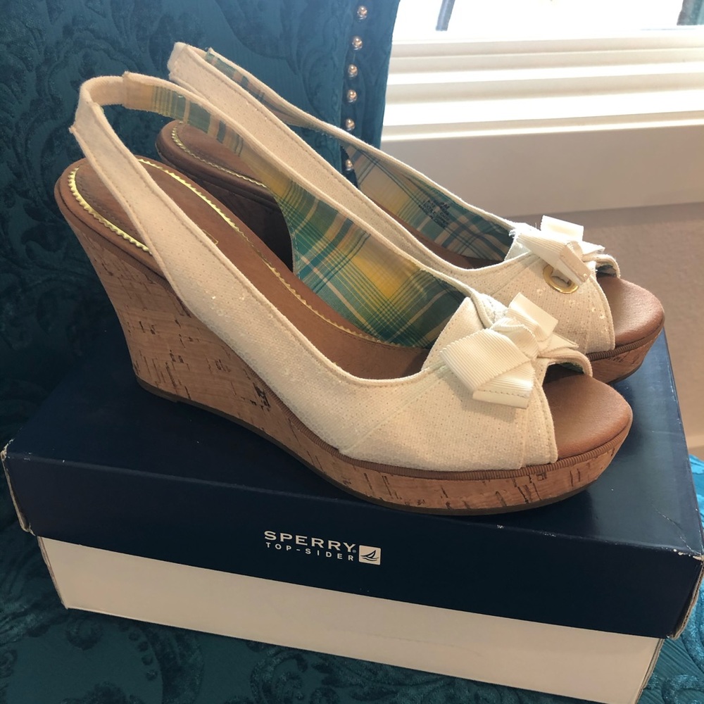 Women’s Sperry white sequin cloth & cork wedges
